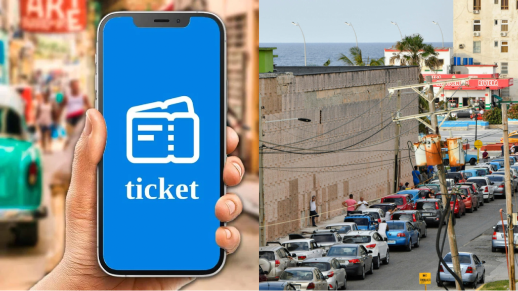 Imagenes de largas colas y el logo de la app Ticket