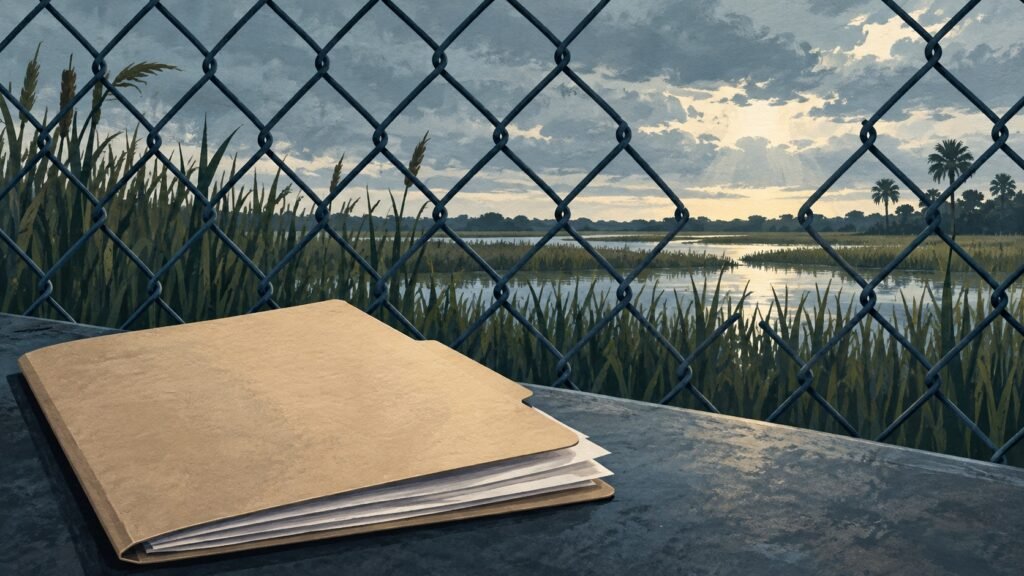 Ilustración de una carpeta de documentos frente a una valla y un paisaje de humedales