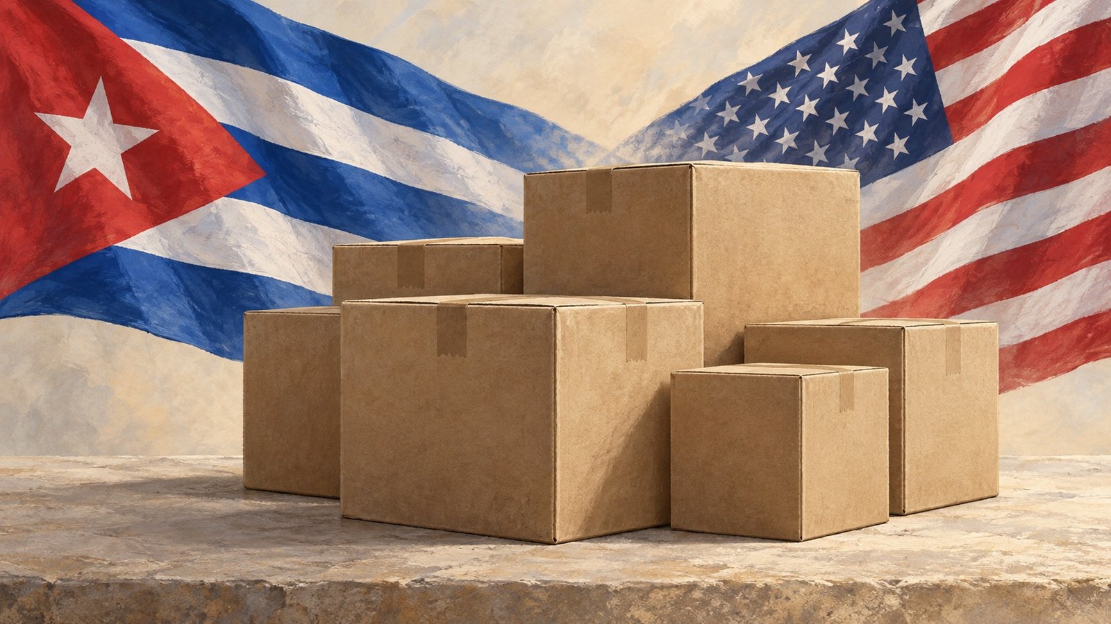 Ilustración de cajas de ayuda humanitaria ante las banderas de Cuba y Estados Unidos.
