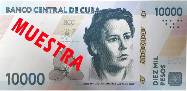 Anverso del nuevo billete cubano de 10000 pesos con el retrato de Haydée Santamaría y la marca MUESTRA.