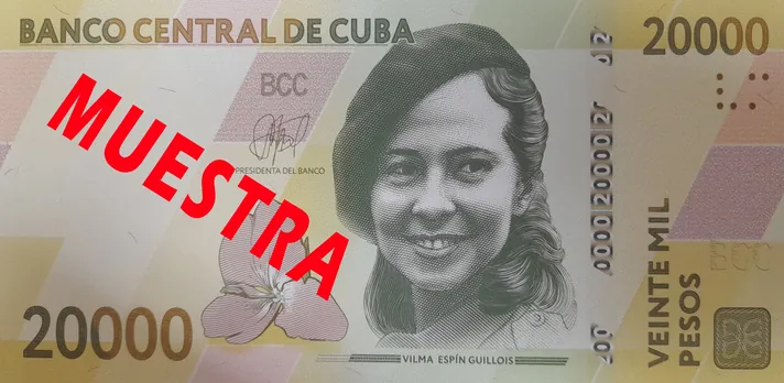 Anverso del nuevo billete cubano de 20000 pesos con el retrato de Vilma Espín y la marca MUESTRA.