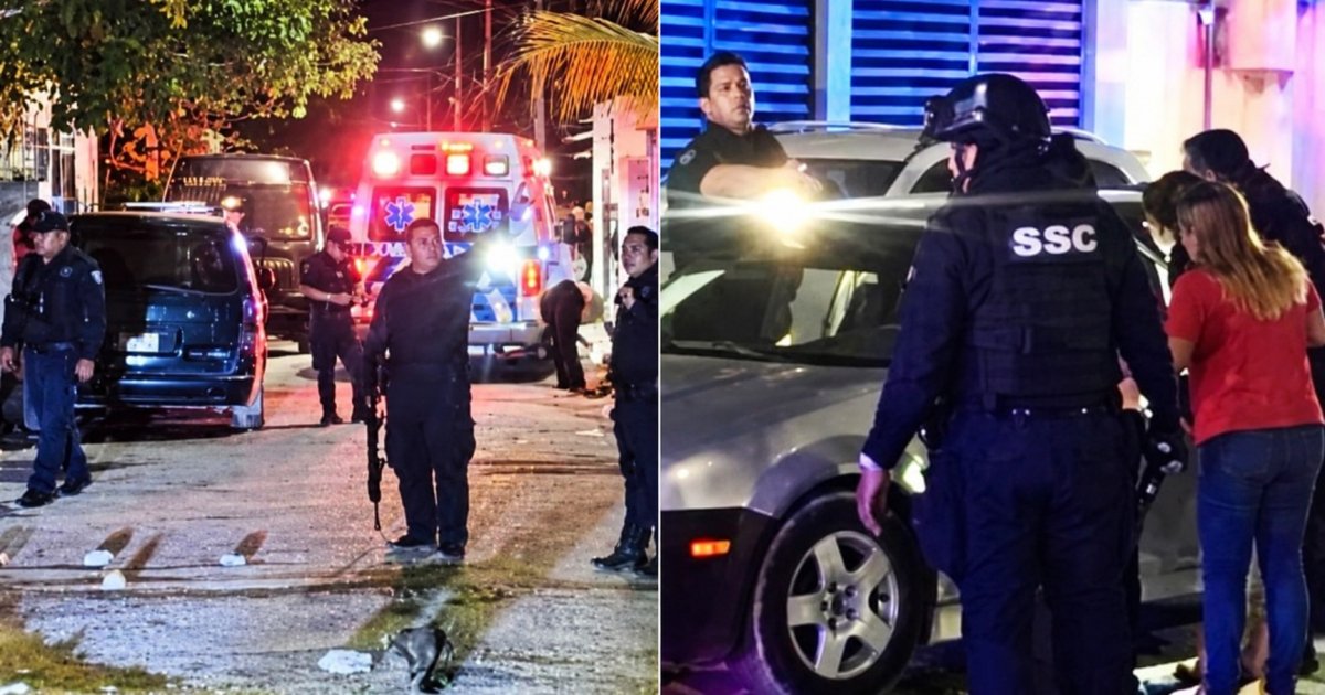 Composición con policías y una ambulancia en una calle de Cancún, y agentes junto a un automóvil.