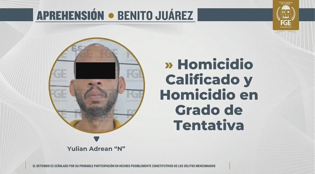 Ficha de aprehensión de la Fiscalía de Quintana Roo con la imagen del detenido y los delitos investigados.