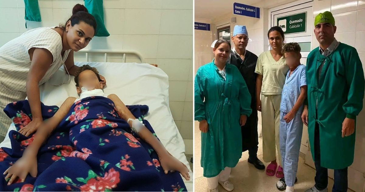 Composición con Leandro junto a su madre y, en otra fotografía, acompañado por personal sanitario; el rostro del niño está protegido.