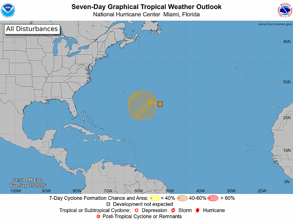 Mapa del NHC con una zona de posible formación ciclónica al este-sureste de Bermudas, el 15 de septiembre de 2026.