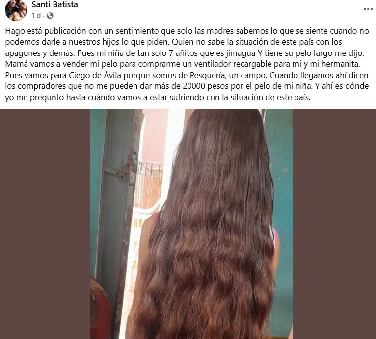 Captura de la publicación de Santi Batista que relata la propuesta de vender el cabello y la oferta de 20.000 pesos.